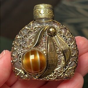 VTG Czech Gold Metal Filigree Glass Cabochon Mini Perfume Bottle Glass Pipette